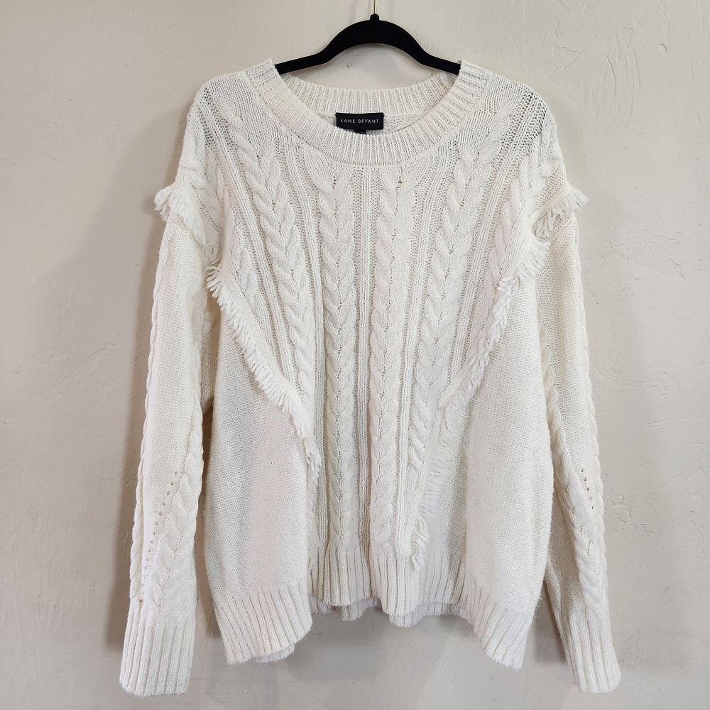 Lane Bryant Crew Neck Cable Knit Fringe Sweater